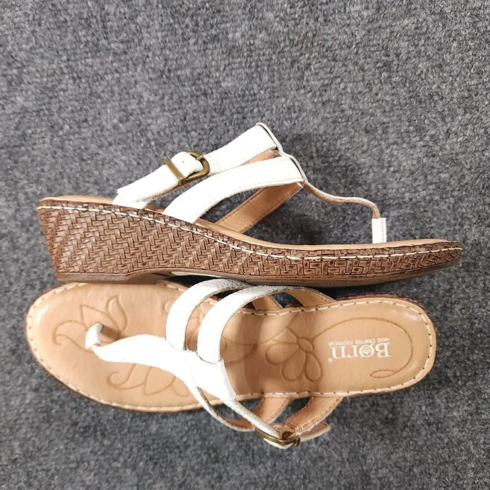 Born Iris White Leather Wedge Thong Sandal Womens Size 7 Buckle Strap - Picture 5 of 10